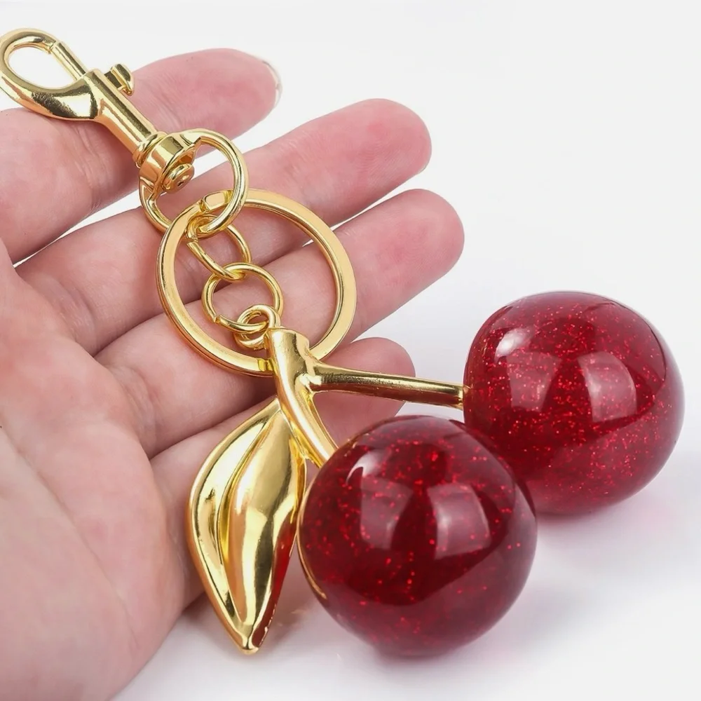 Cherry Bag Charm Key Ring Glitter Resin & Metal